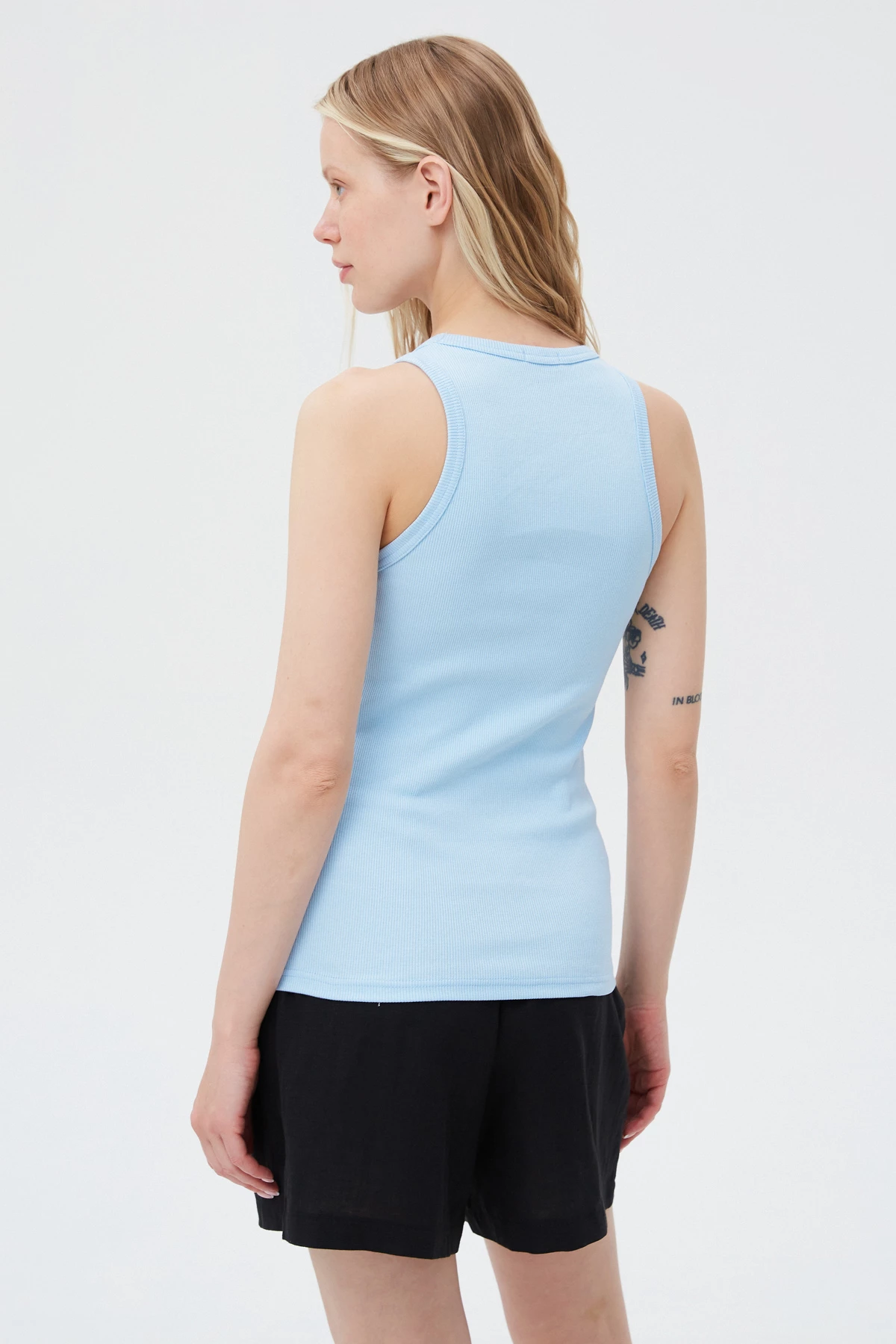 Blue cotton ribbed tank top with an oval neckline, photo 2