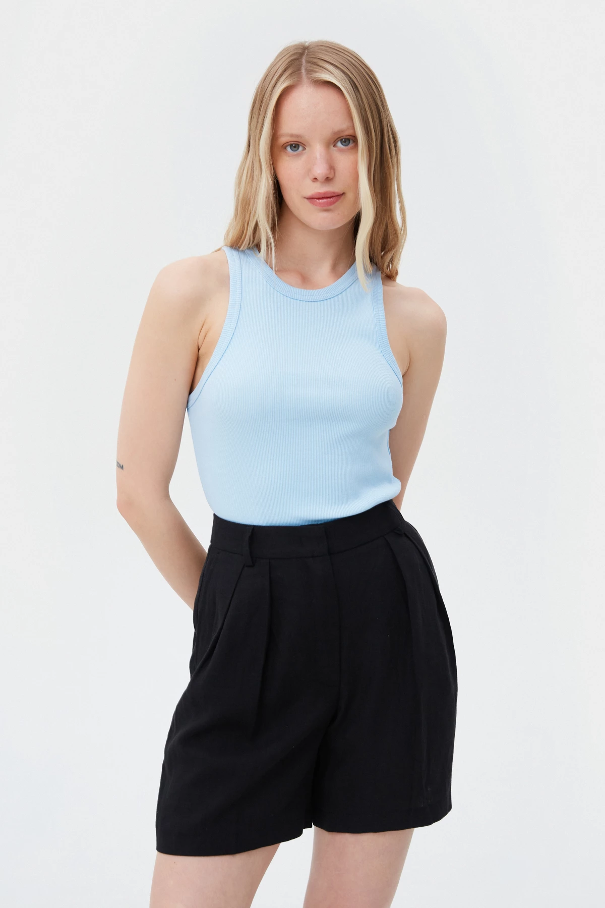 Blue cotton ribbed tank top with an oval neckline, photo 4