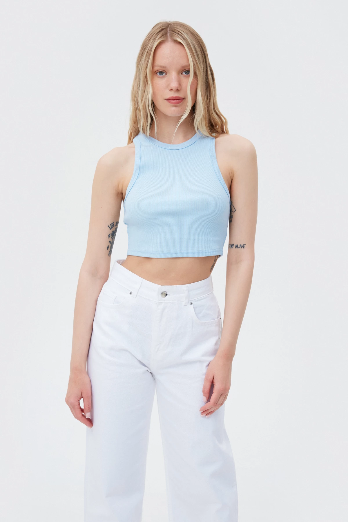 Blue cotton crop top with an oval neckline, photo 1
