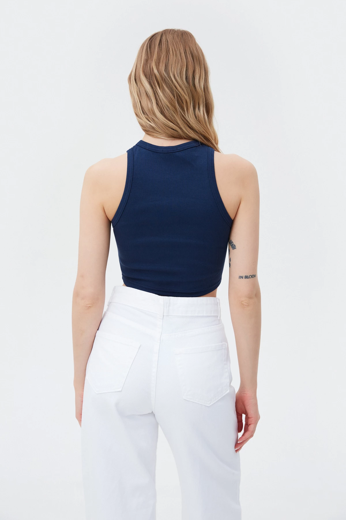 Navy blue cotton crop top with an oval neckline, photo 3