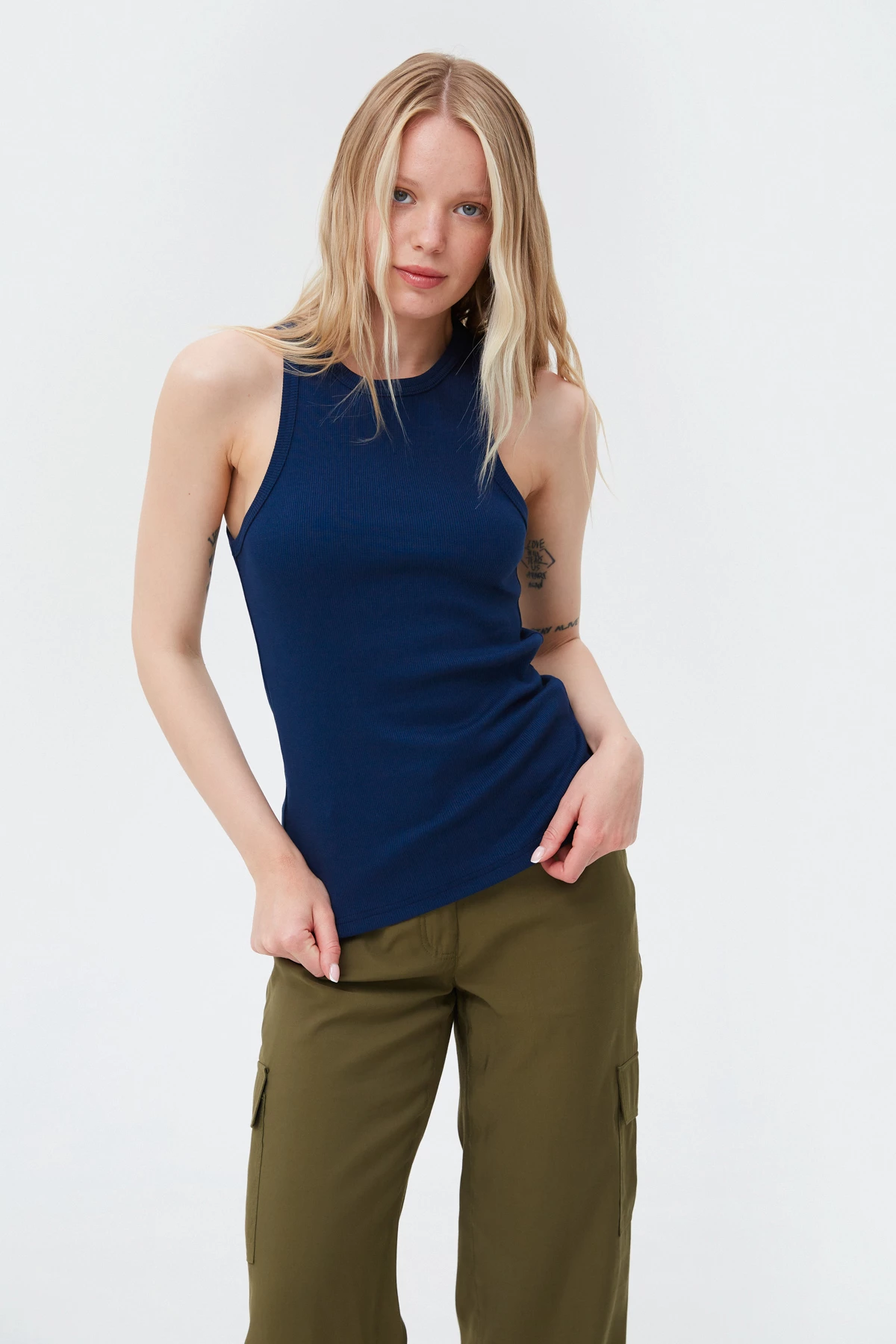 Navy blue cotton ribbed tank top with an oval neckline, photo 1