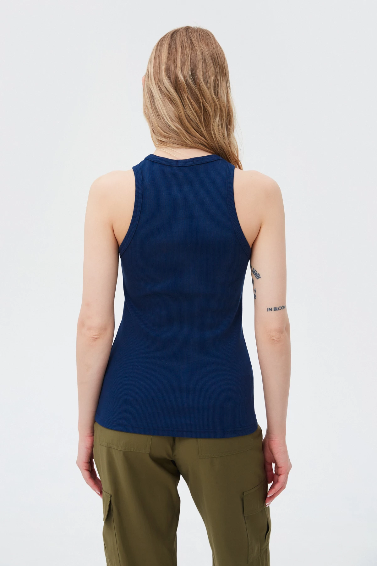 Navy blue cotton ribbed tank top with an oval neckline, photo 3
