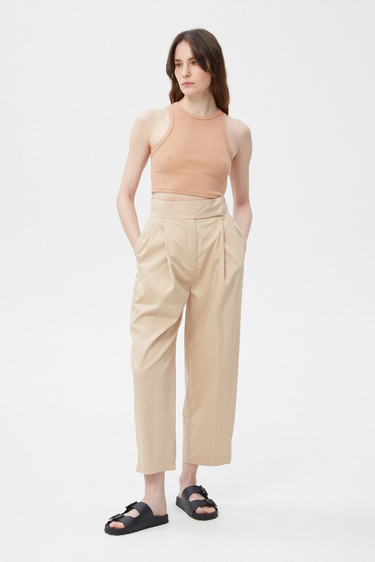 Beige cropped straight-cut cotton pants, photo 2