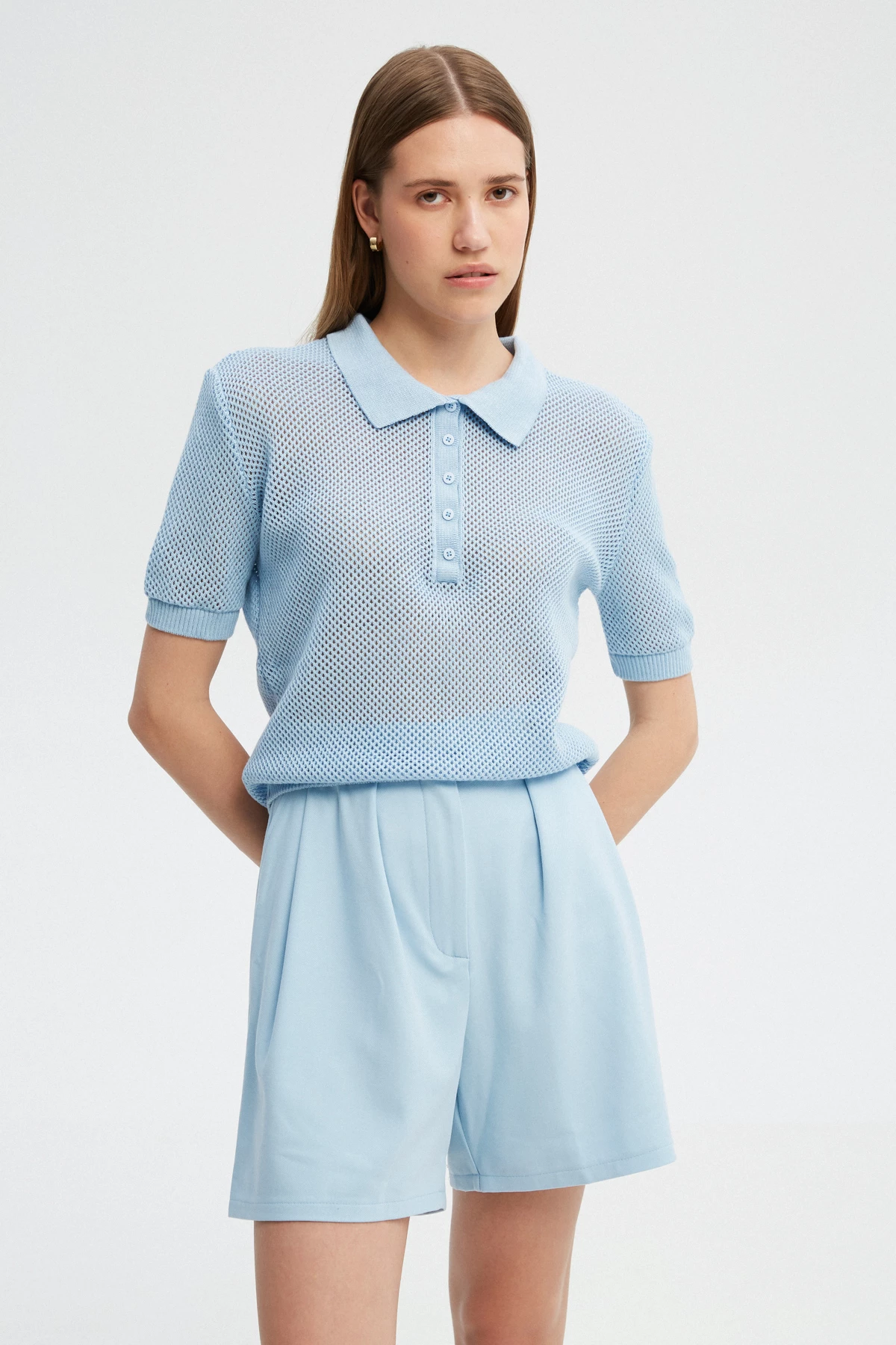Blue knitted cotton polo jumper, photo 5