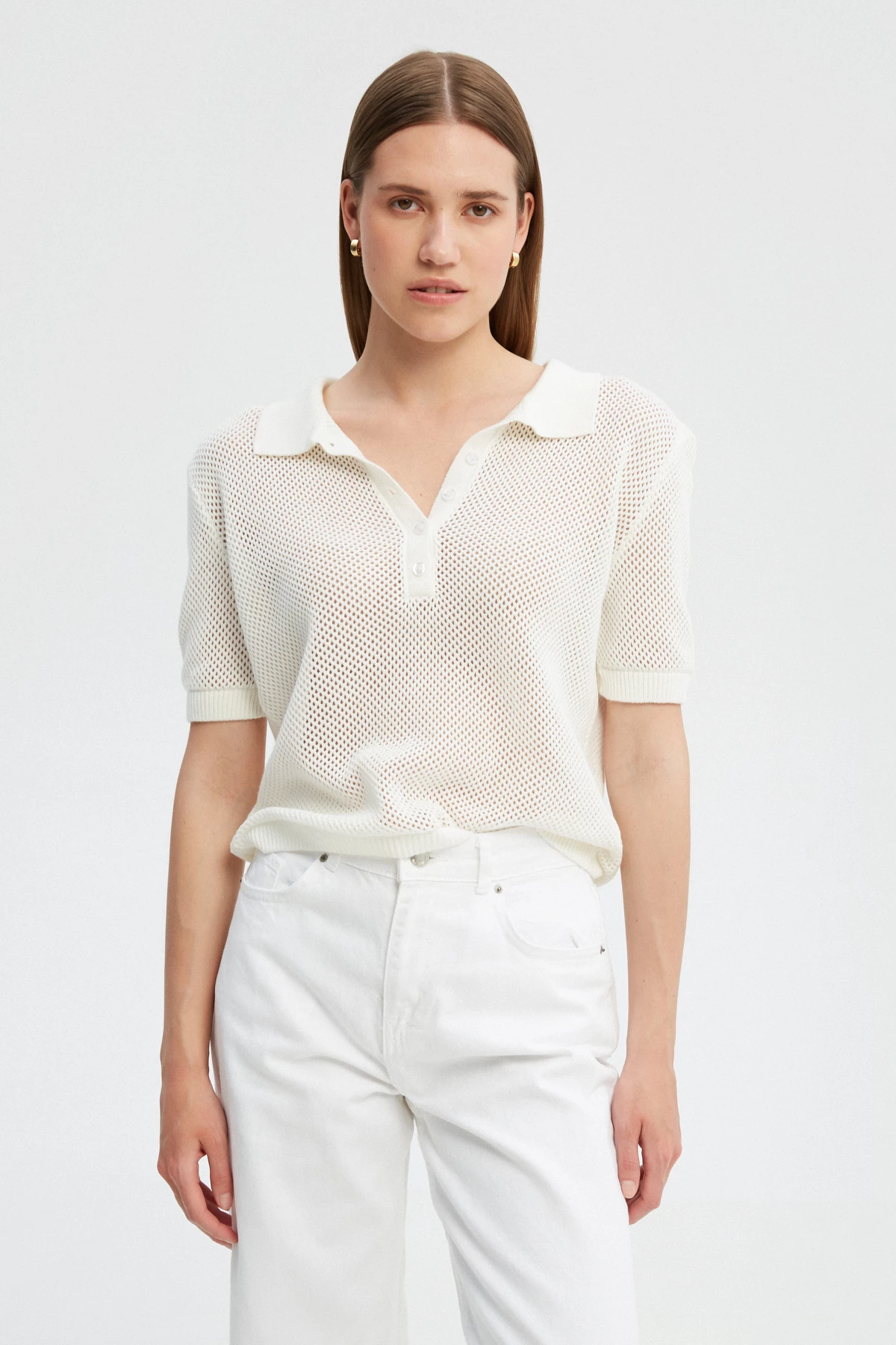 Milky knitted cotton polo jumper, photo 1