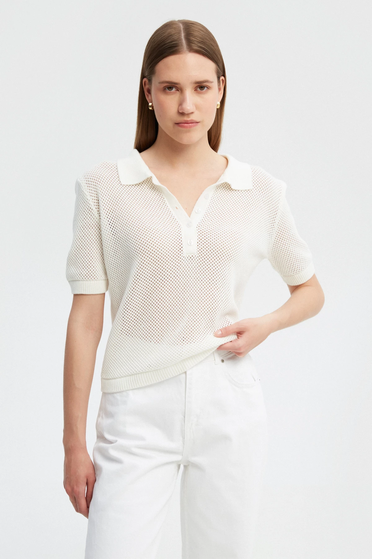 Milky knitted cotton polo jumper, photo 2