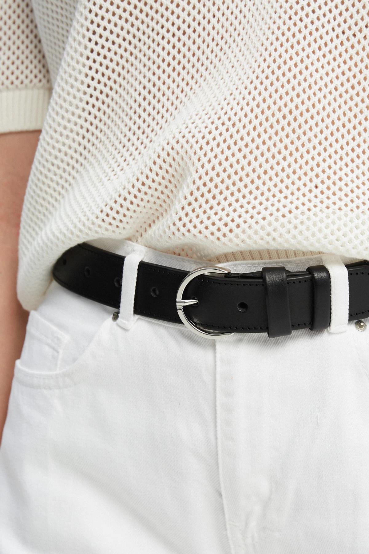 Black leather belt with semicircular silver buckle, photo 2