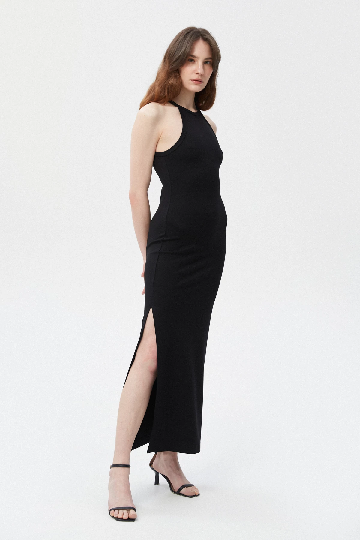 Black bodycon elongated midi dress with viscose, photo 1