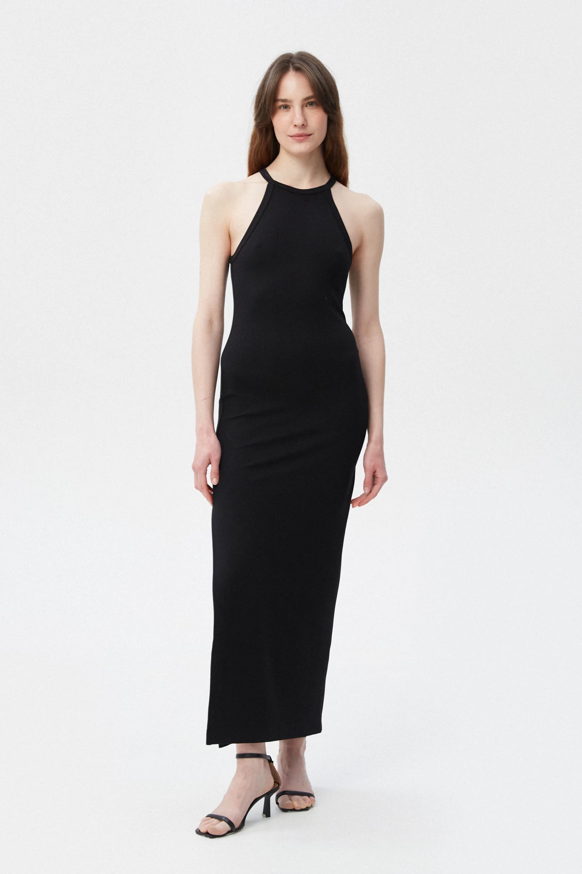 Black bodycon elongated midi dress with viscose, photo 2