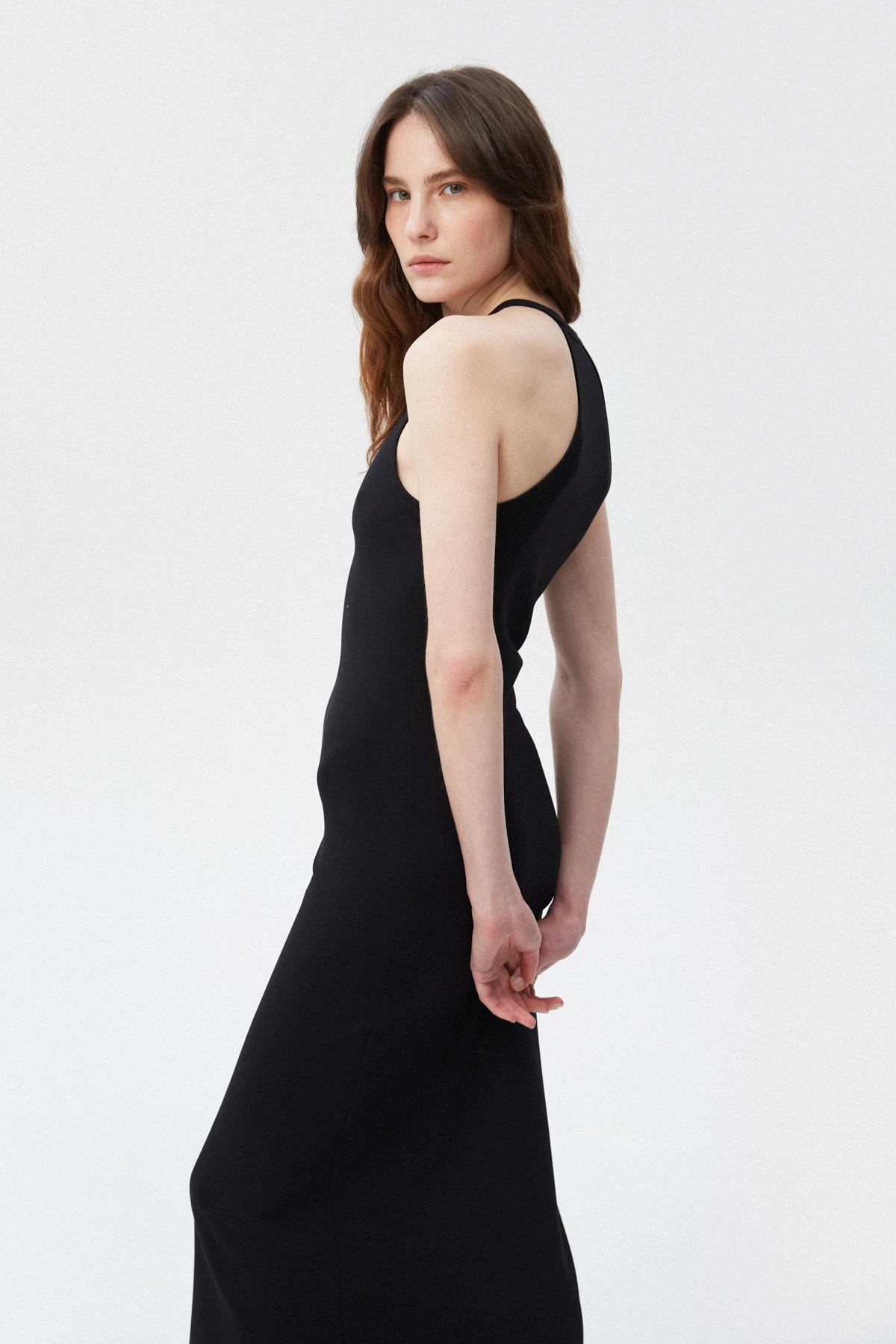 Black bodycon elongated midi dress with viscose, photo 5