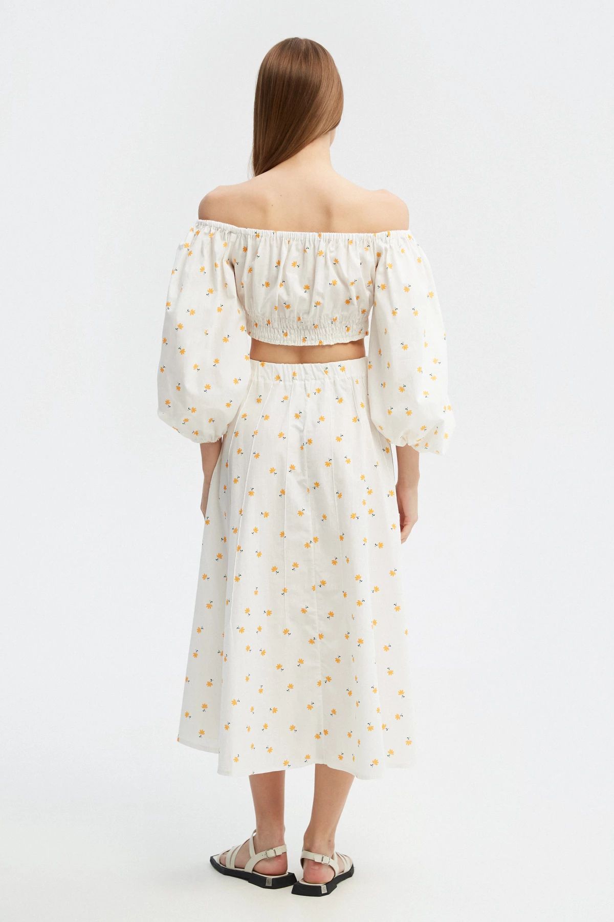 White cotton midi skirt with yellow flowers print, photo 5