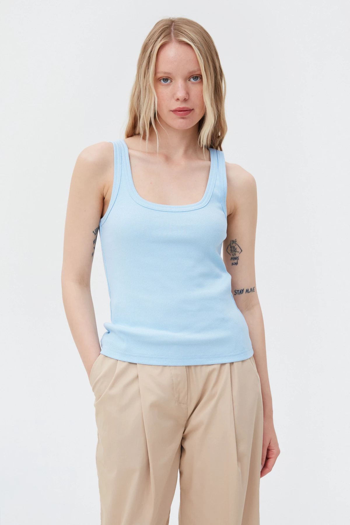 Blue cotton ribbed tank top with deep oval neckline, photo 1