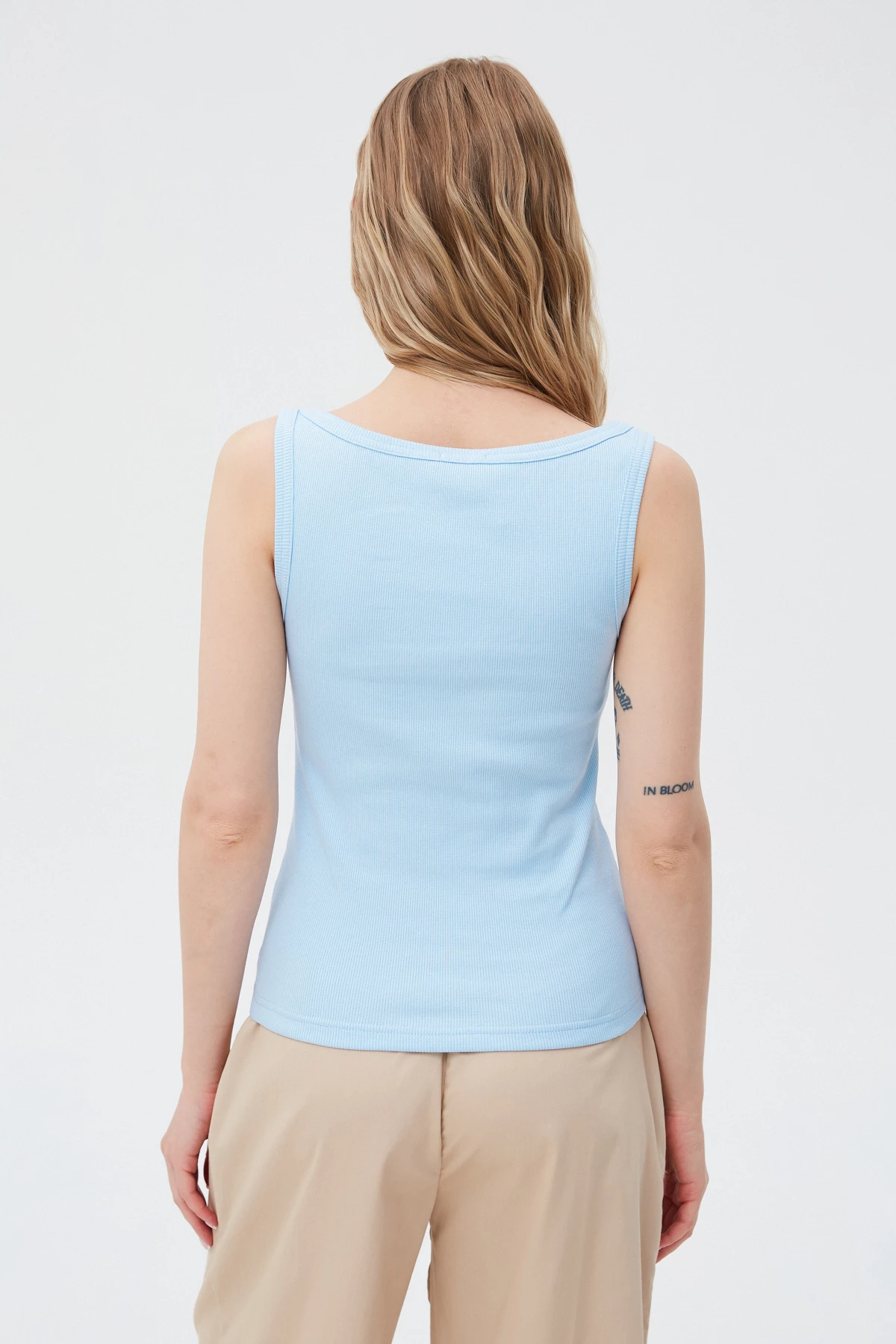 Blue cotton ribbed tank top with deep oval neckline, photo 2