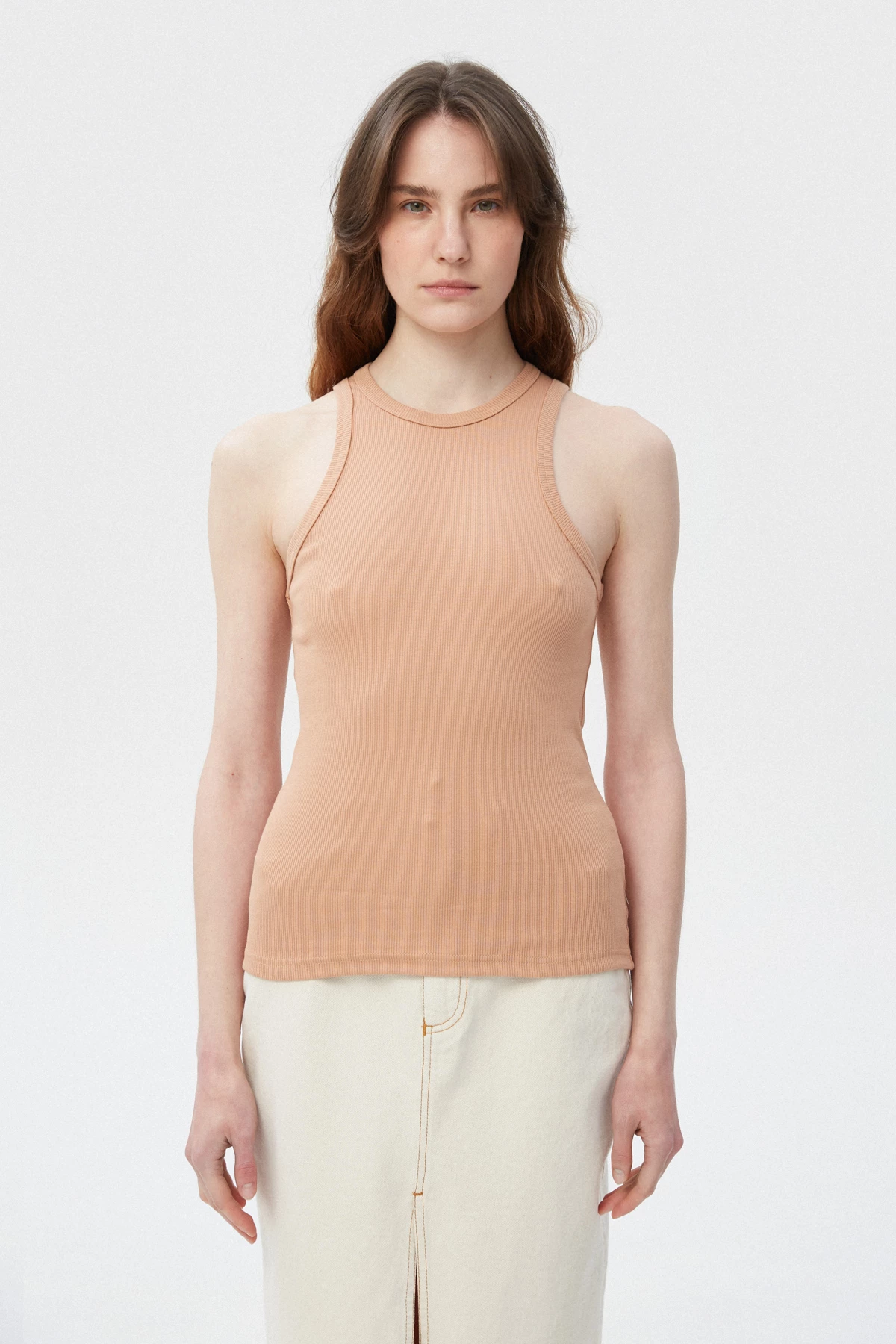 Beige cotton ribbed tank top with an oval neckline, photo 2