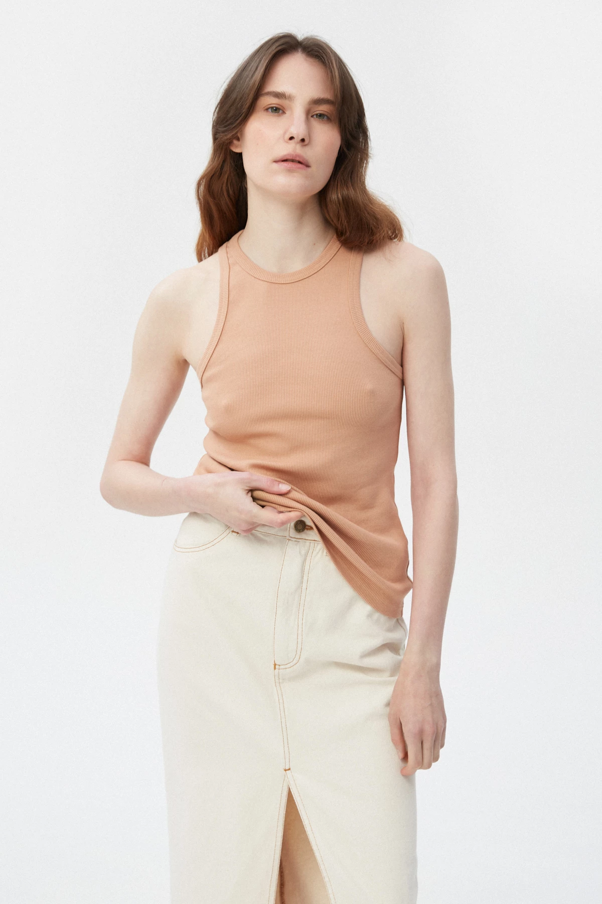 Beige cotton ribbed tank top with an oval neckline, photo 3