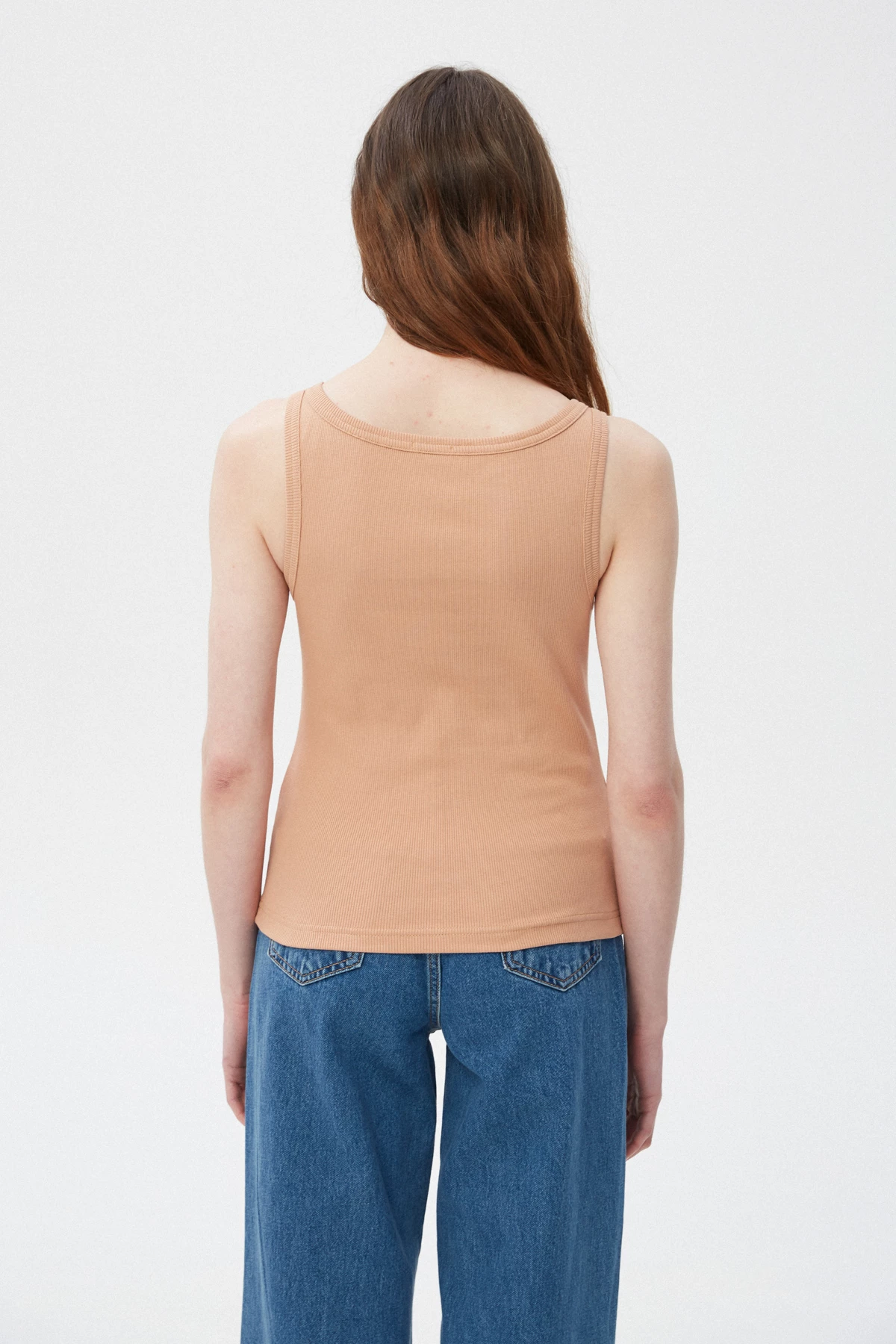 Beige cotton ribbed tank top with deep oval neckline, photo 3