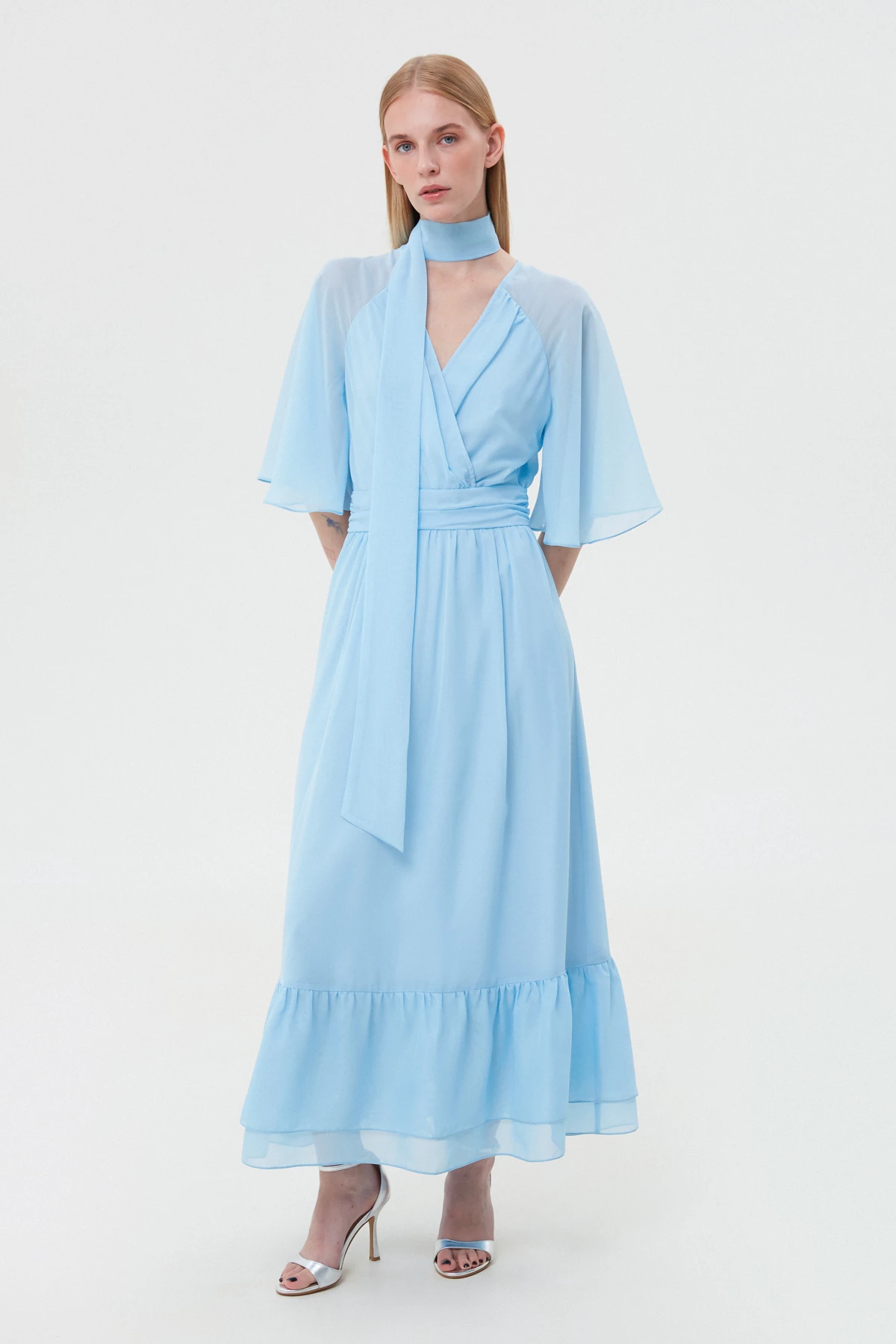 Голубое платье миди из шифона, фото 1
