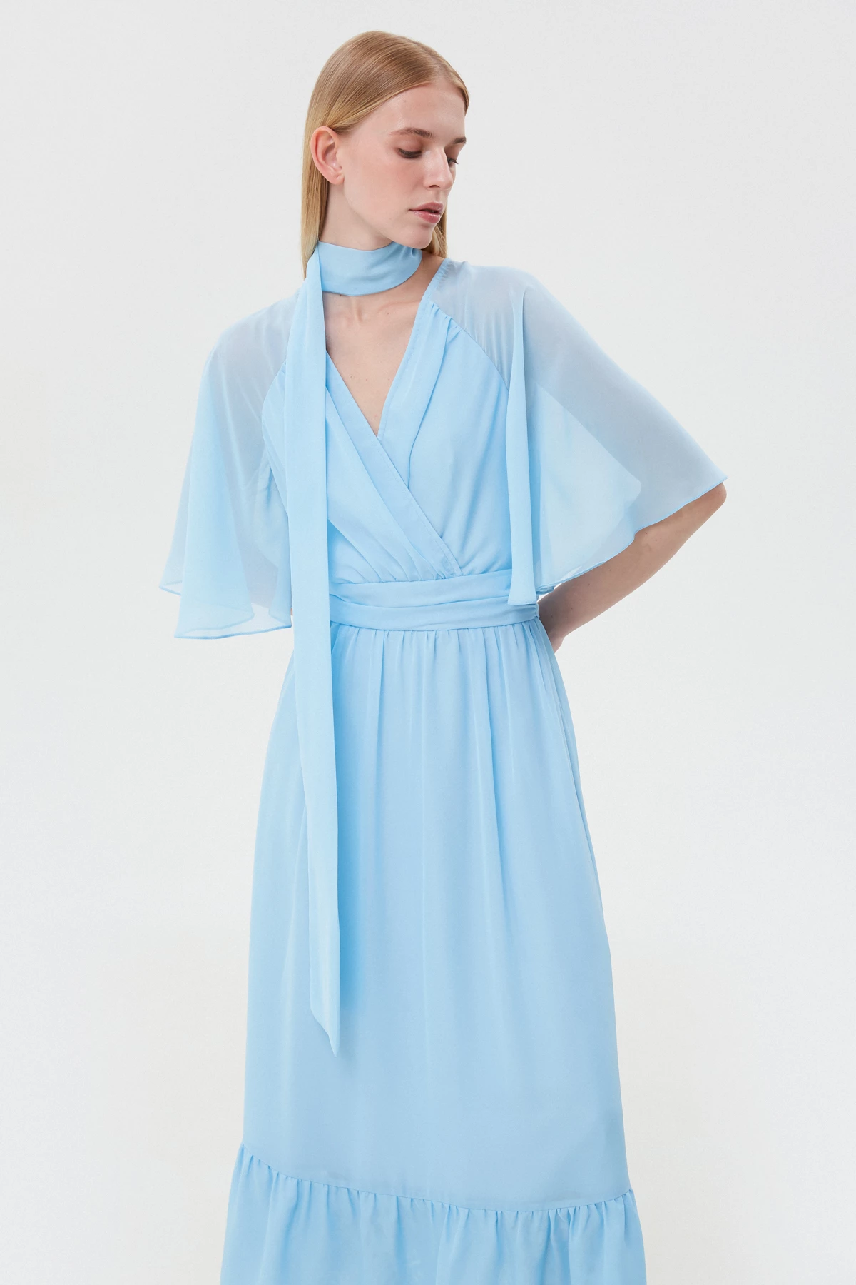 Блакитна сукня міді з шифону, фото 2