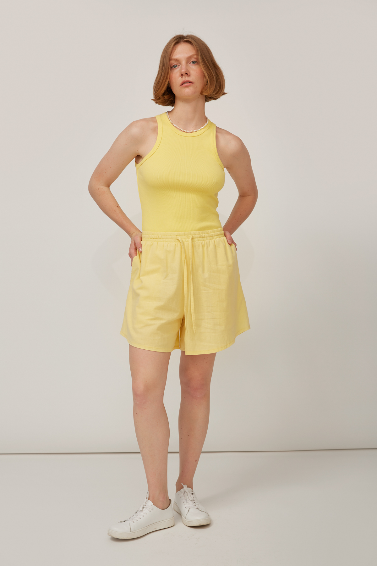 Yellow ribbed jersey oval neck tank top, photo 1