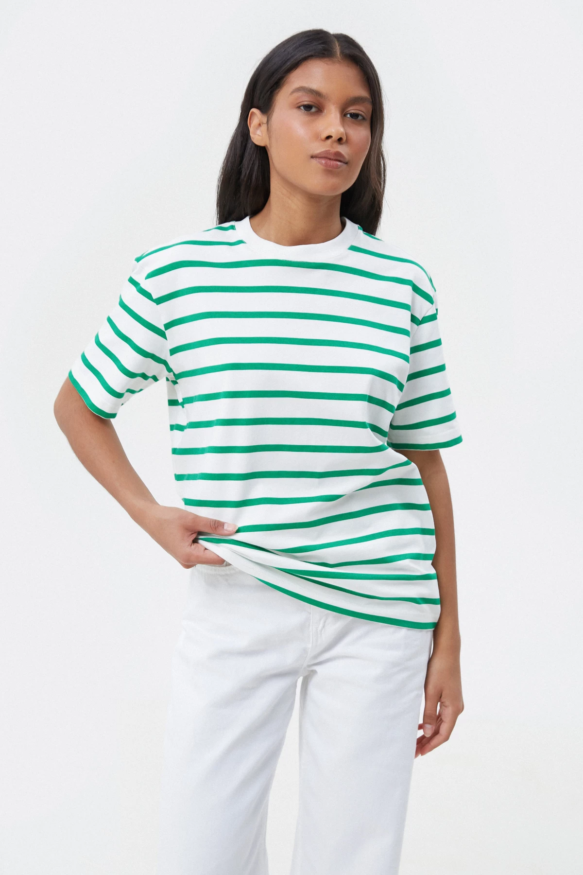 Cotton T-shirt with green stripes, photo 2