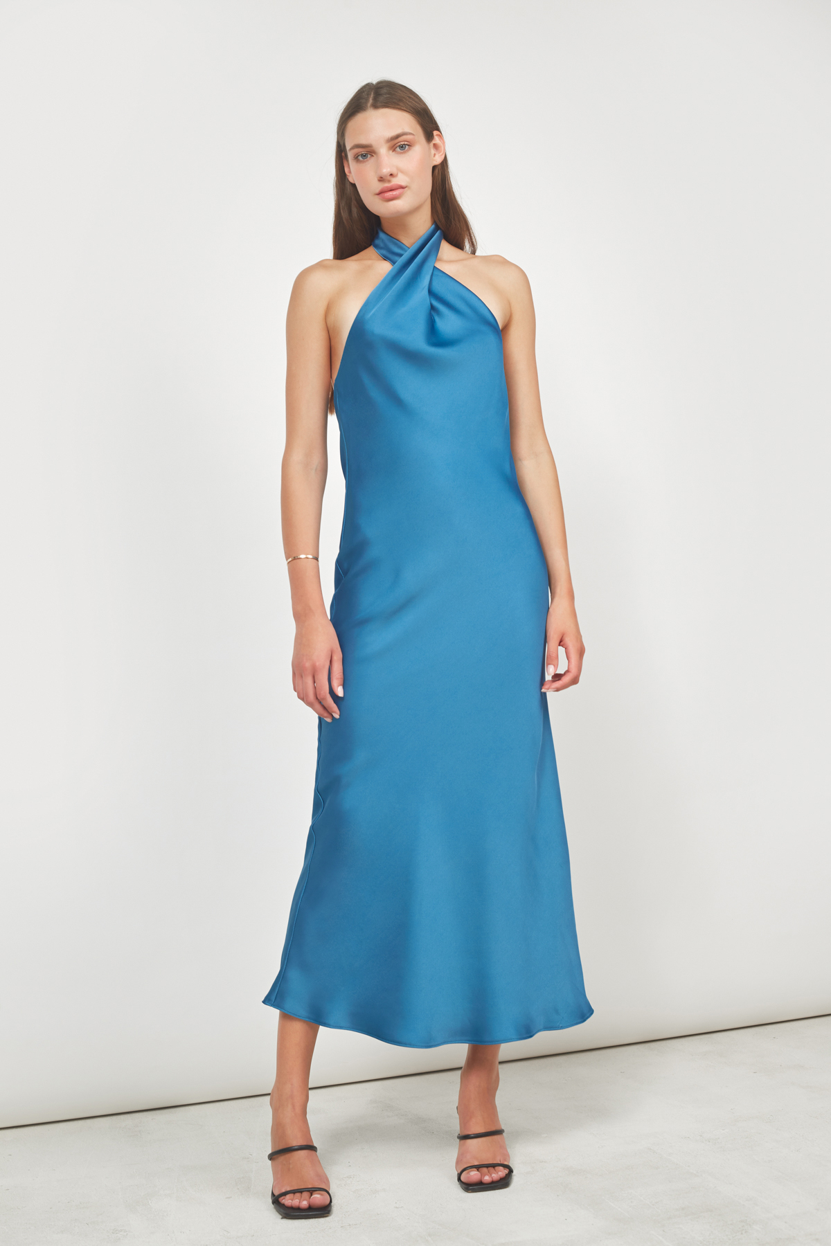 Платье миди с плотного сатина на завязках синего цвета, фото 1