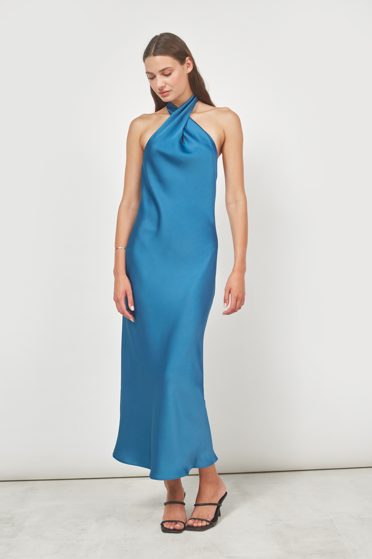 Платье миди с плотного сатина на завязках синего цвета, фото 2