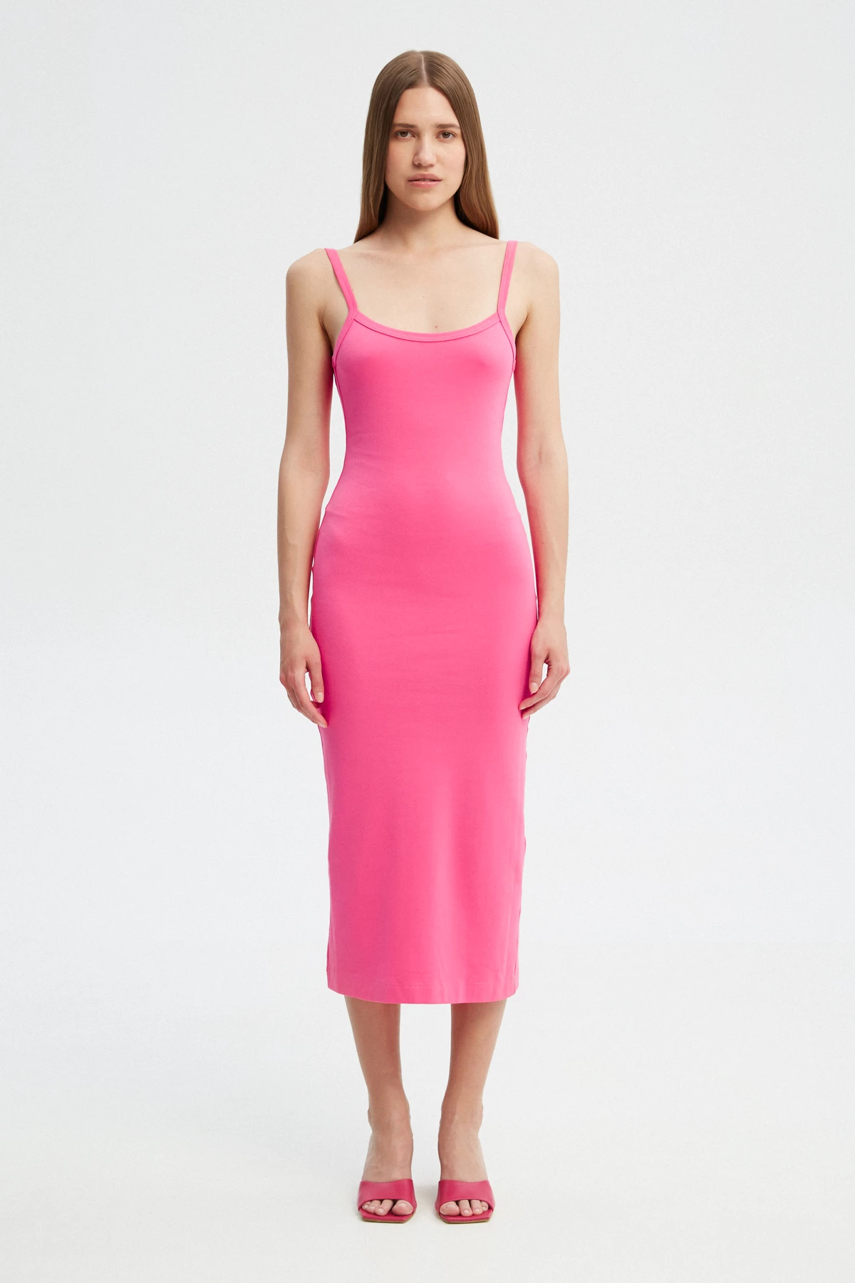 Рожева сукня міді з відкритою спиною з трикотажу, фото 1
