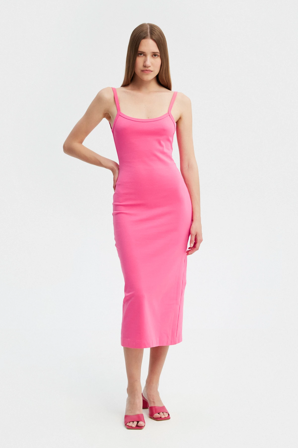 Рожева сукня міді з відкритою спиною з трикотажу, фото 2