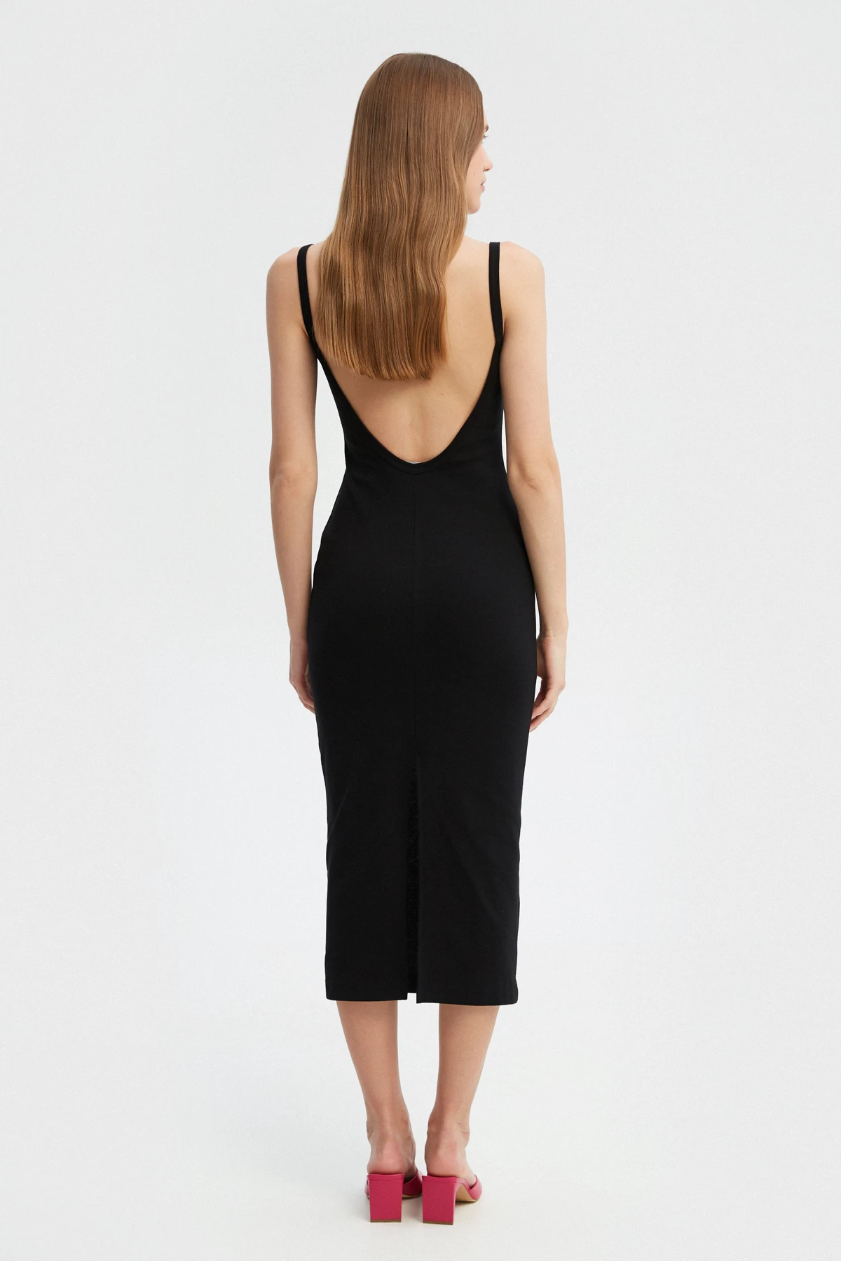 Чорна сукня міді з відкритою спиною з трикотажу, фото 5