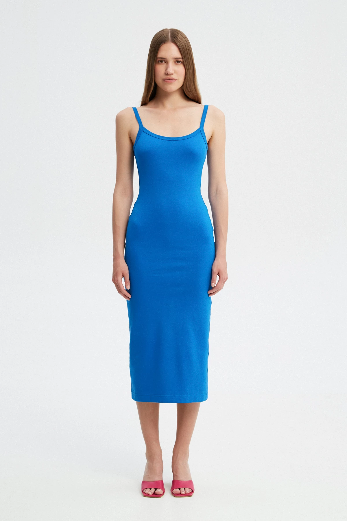 Синя сукня міді з відкритою спиною з трикотажу, фото 2