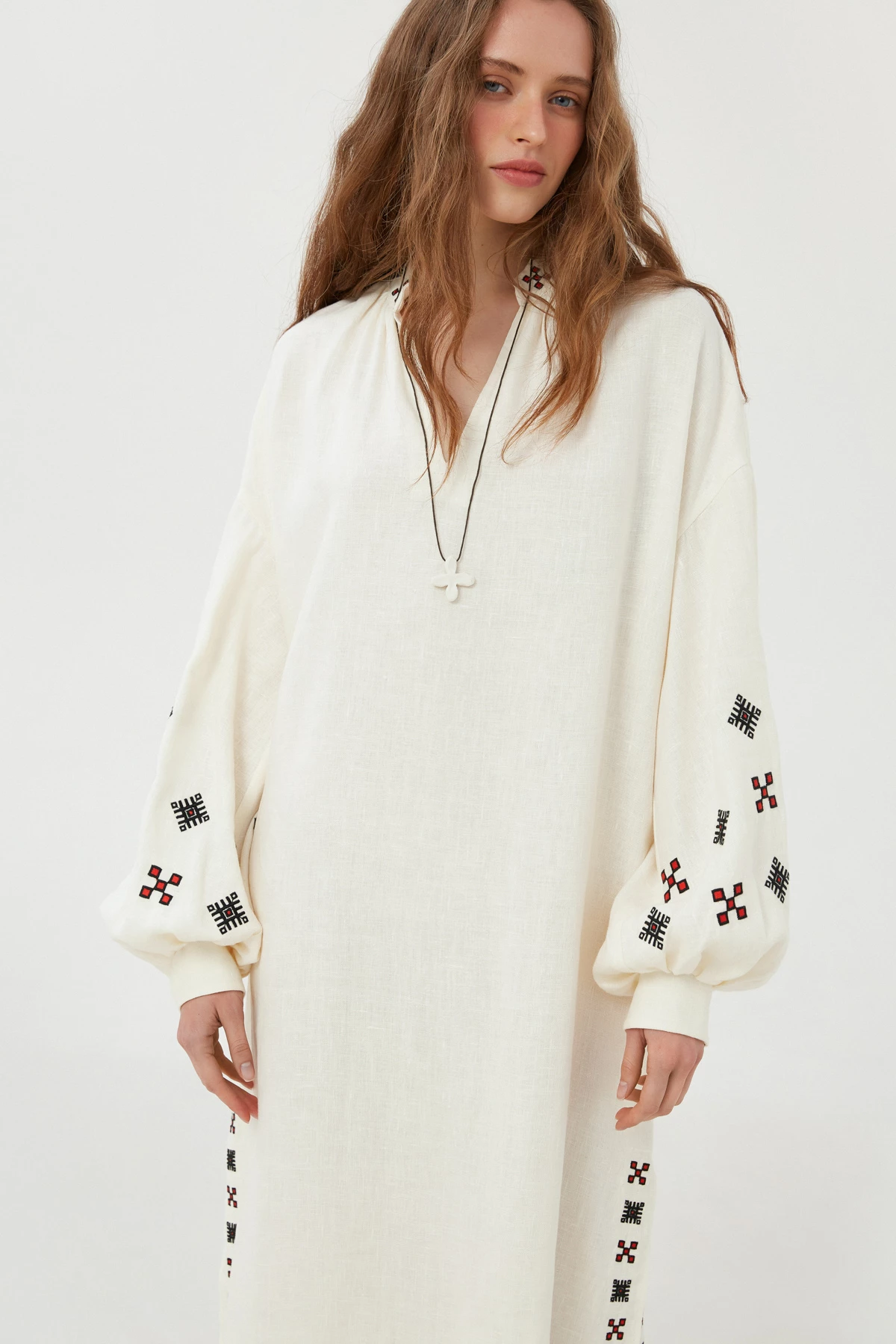 Milky linen vyshyvanka dress with geometric embroidery, photo 1
