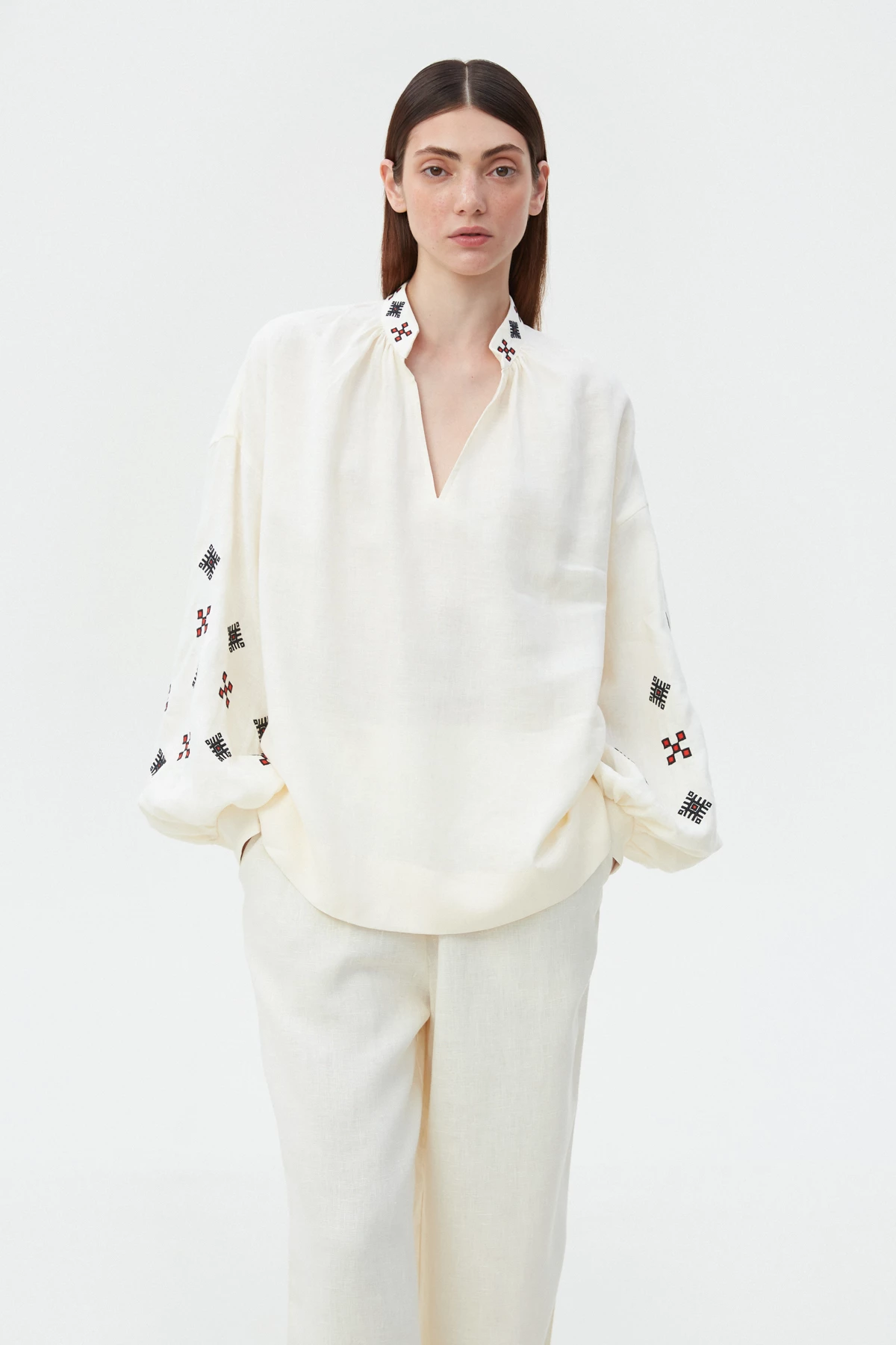 Milky linen vyshyvanka shirt with geometric embroidery, photo 1