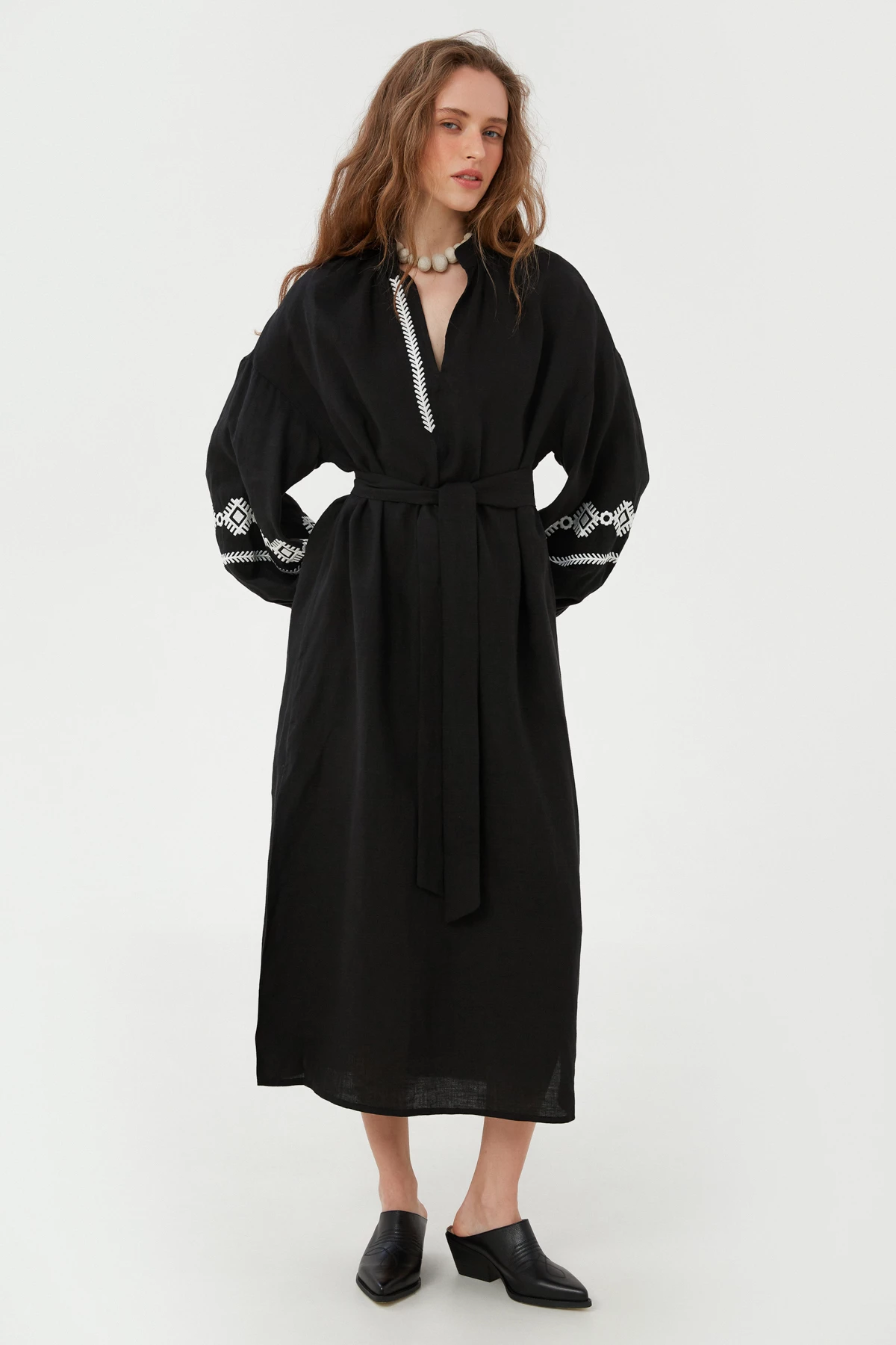 Black linen vyshyvanka dress with floral embroidery, photo 1