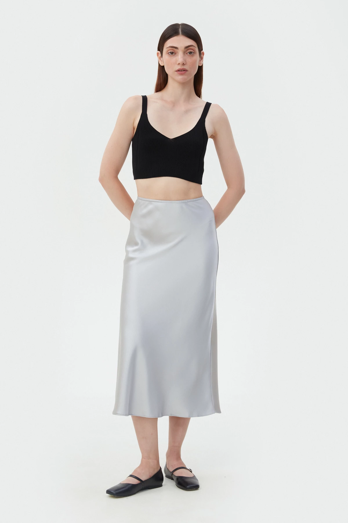 Сатиновая юбка миди серебряного цвета, фото 1