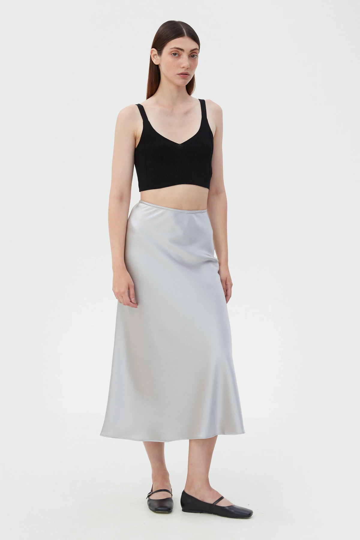 Сатиновая юбка миди серебряного цвета, фото 2