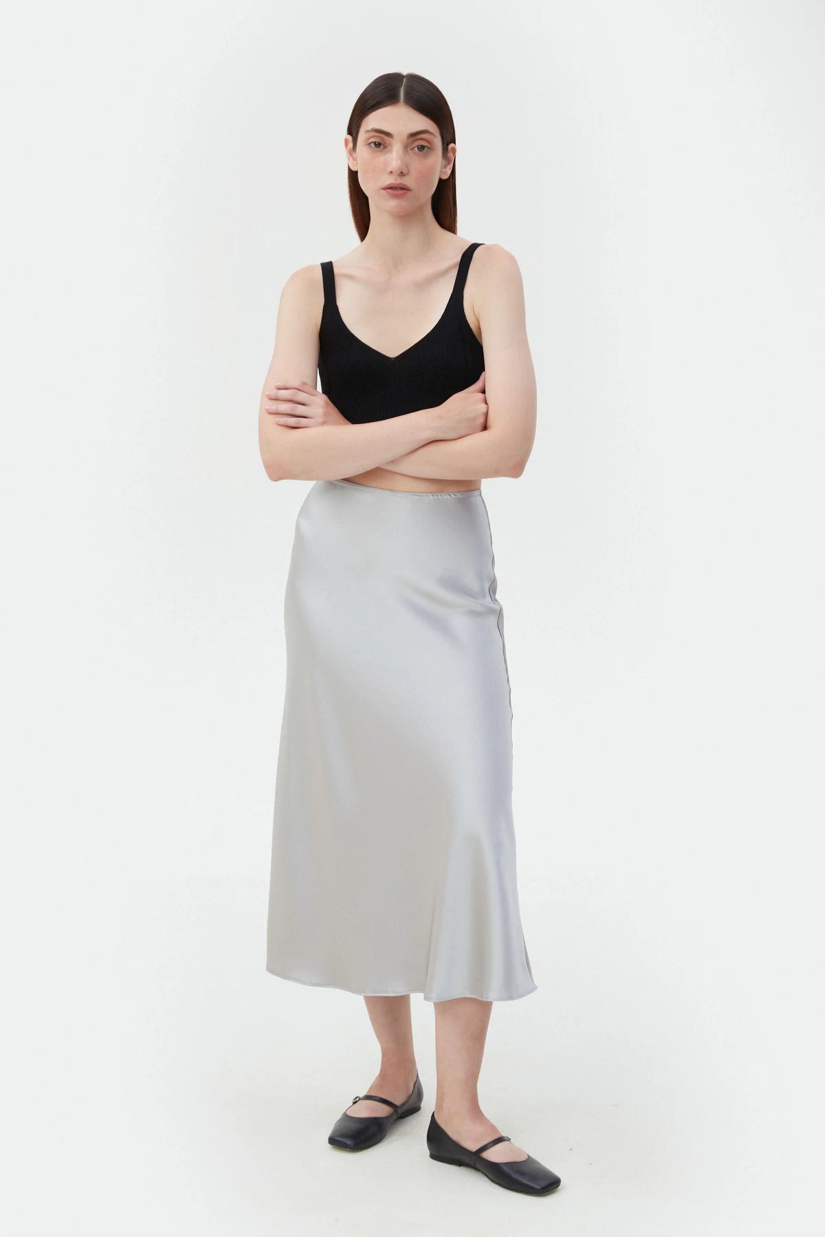 Сатиновая юбка миди серебряного цвета, фото 4