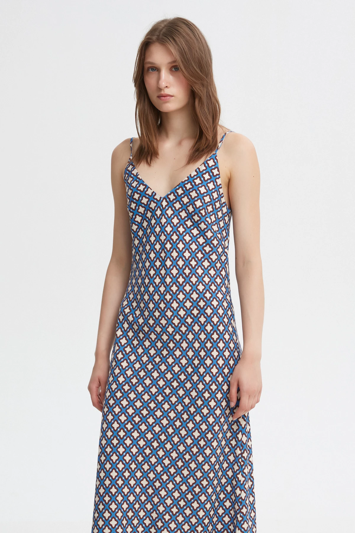 Blue tencel slip dress with geometric print, photo 2