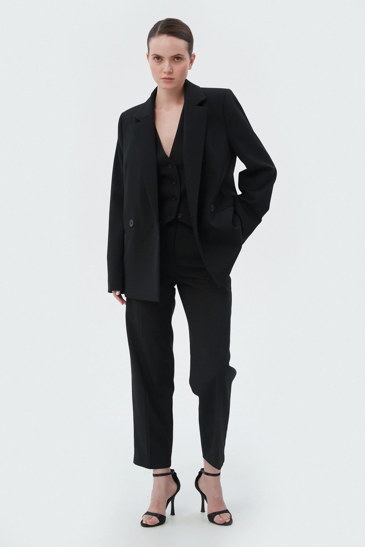 Black double-breasted straight-cut jacket with viscose, photo 1