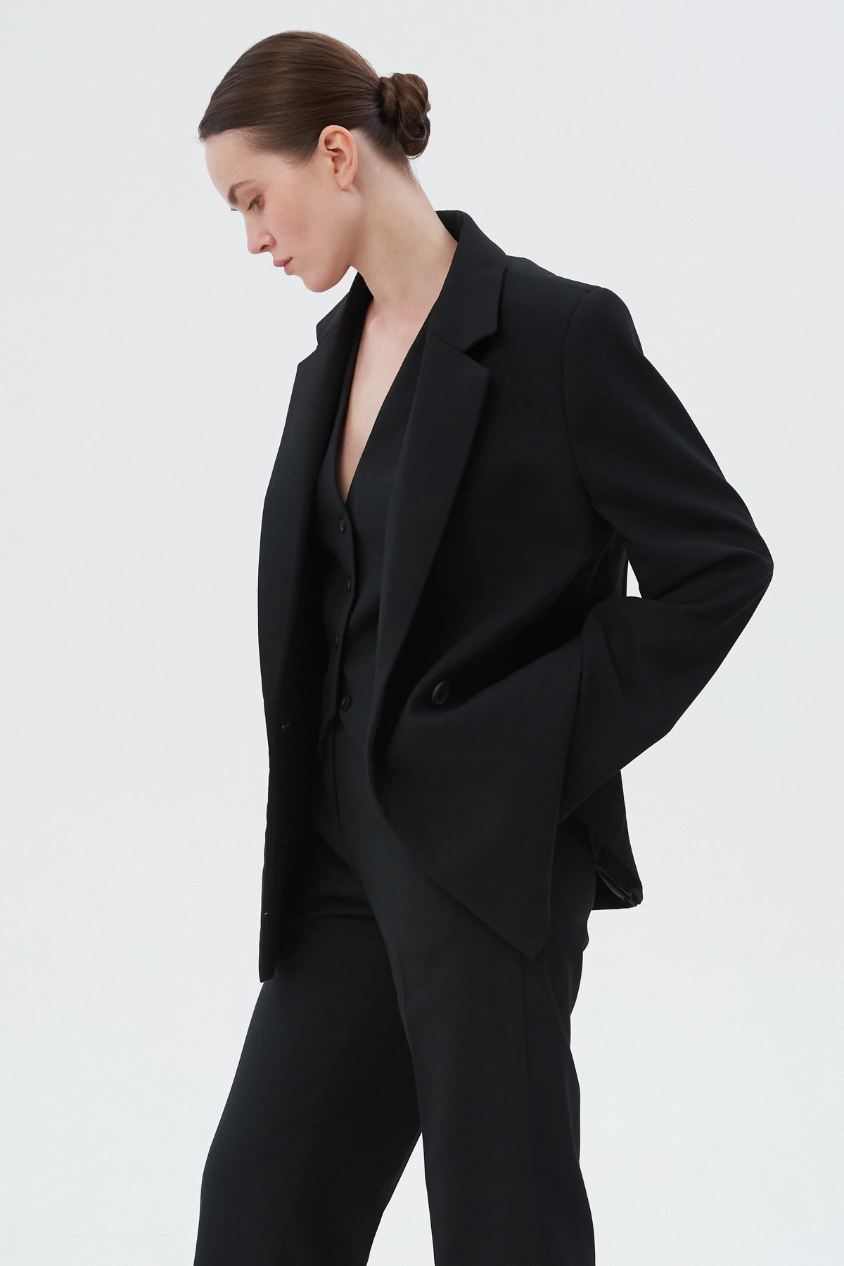 Black double-breasted straight-cut jacket with viscose, photo 2