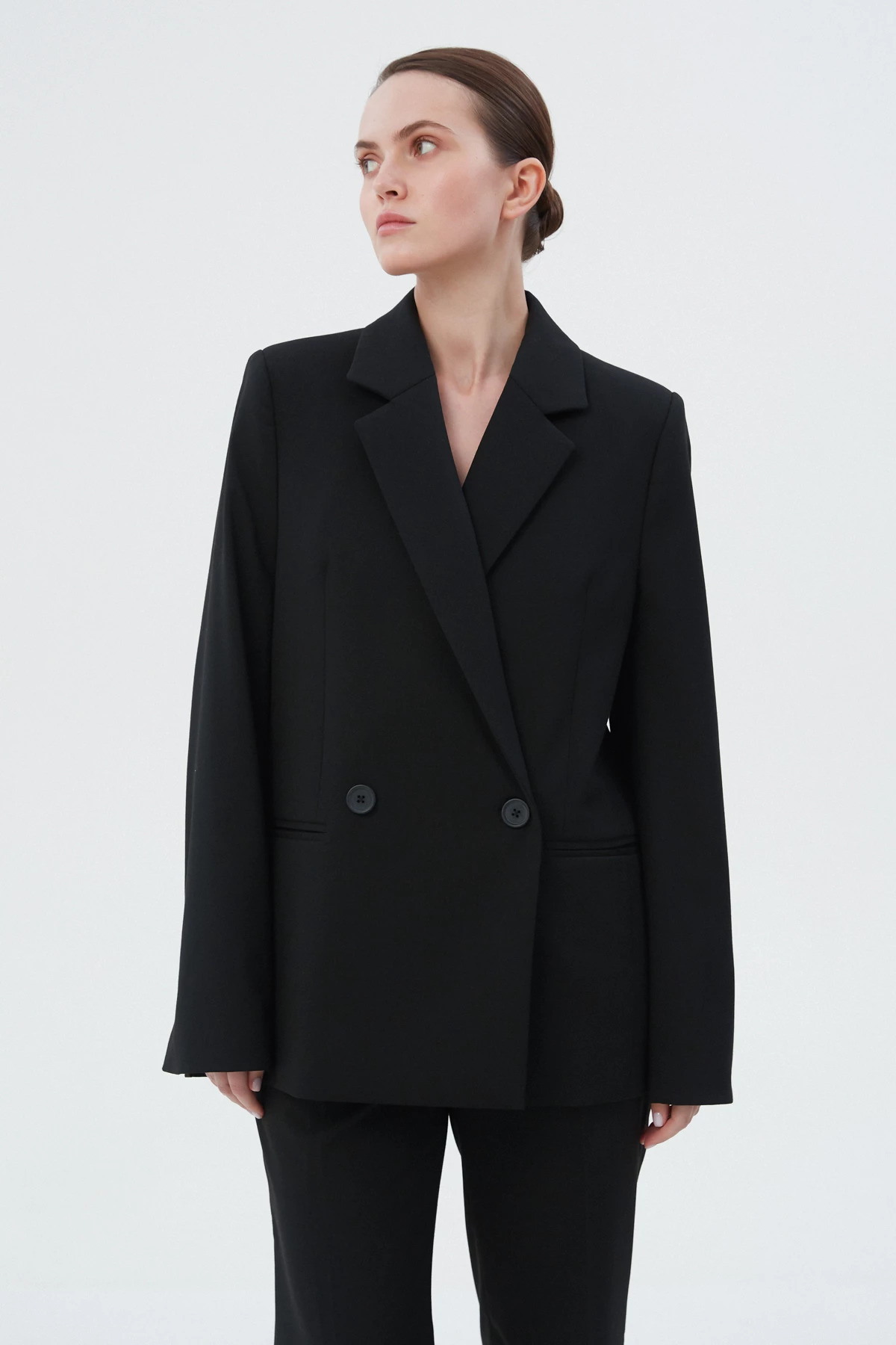 Black double-breasted straight-cut jacket with viscose, photo 4