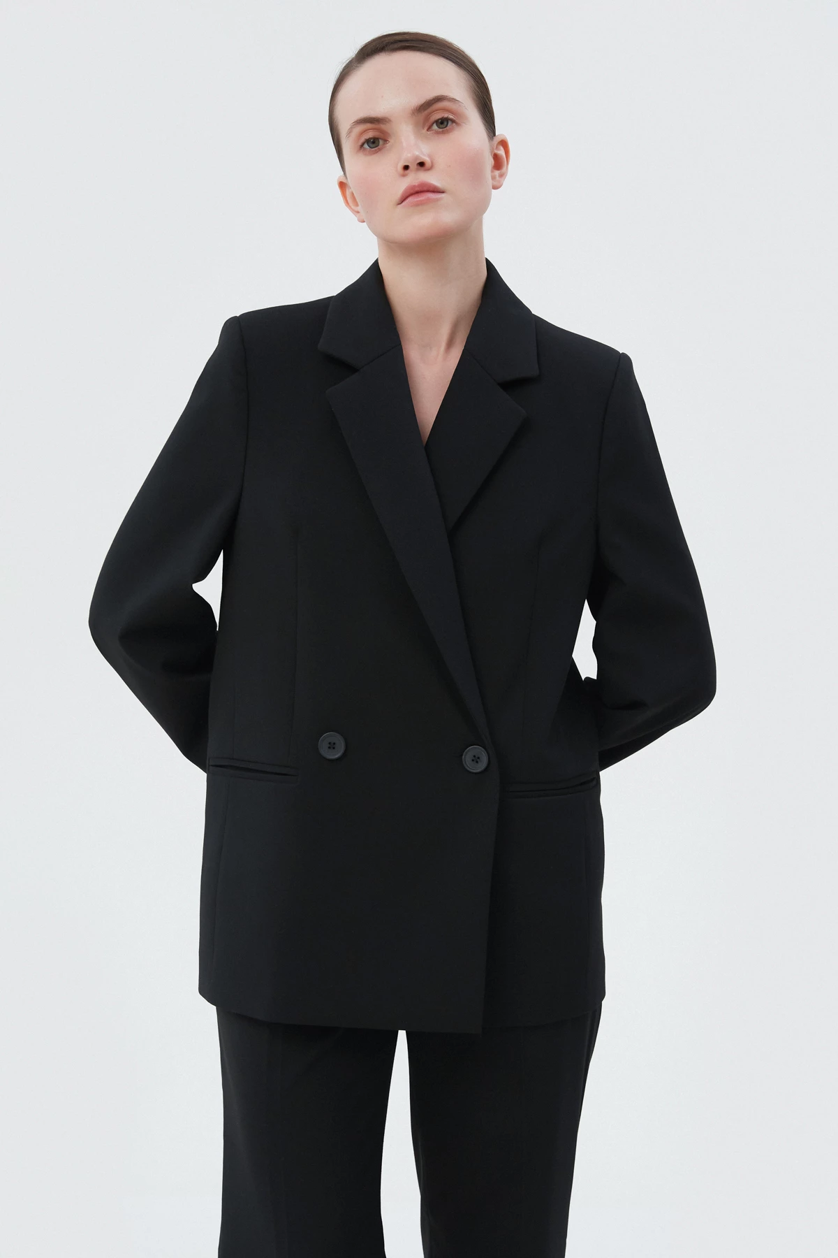 Black double-breasted straight-cut jacket with viscose, photo 1