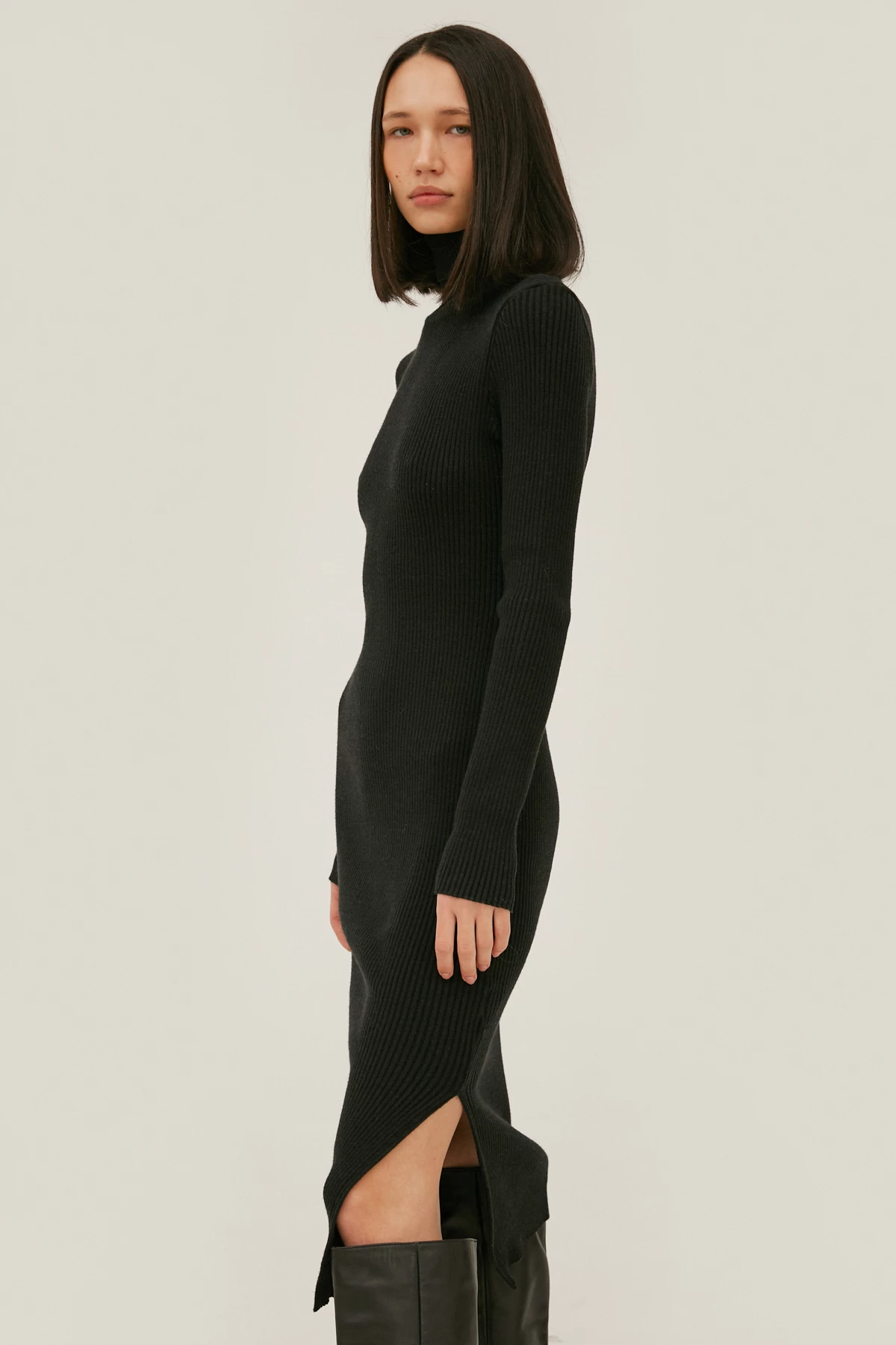 Knitted black dress with neckline and viscose, photo 4