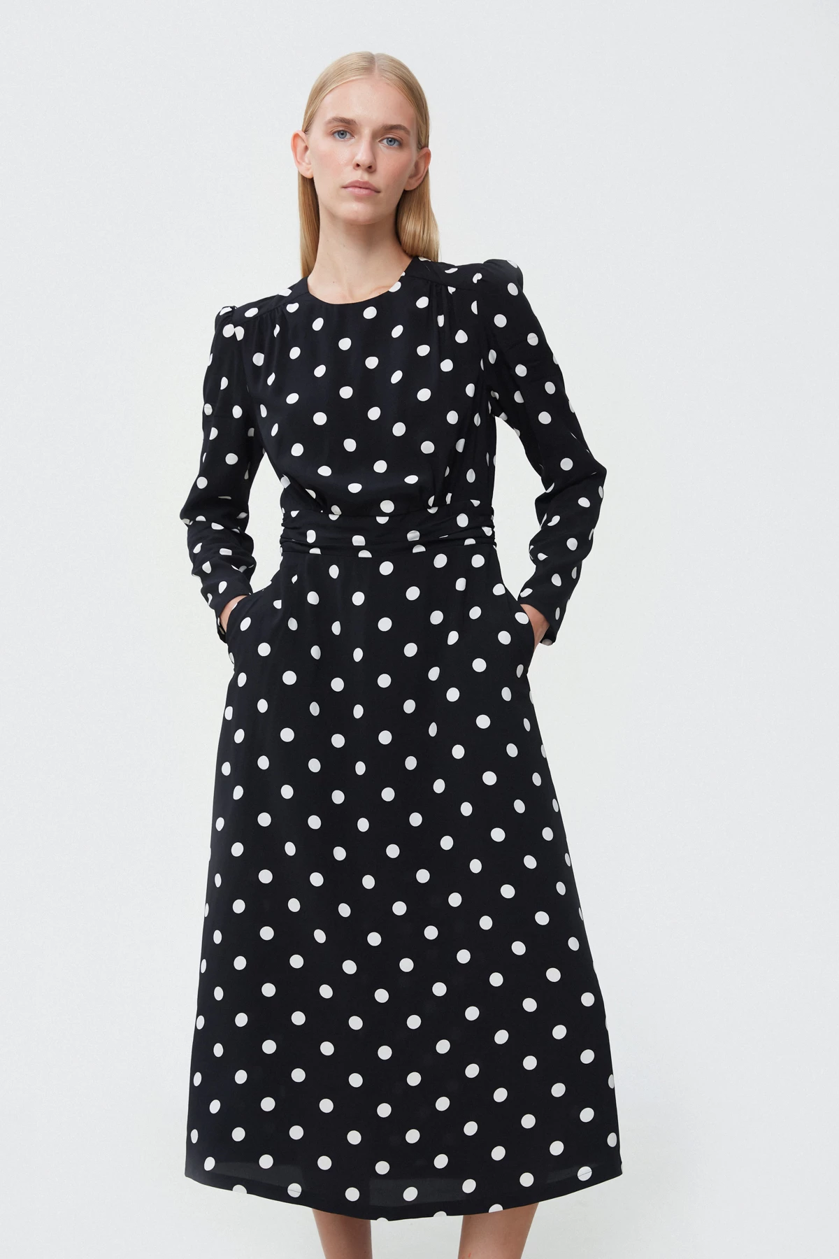 Black viscose midi dress with polka dot print, photo 2