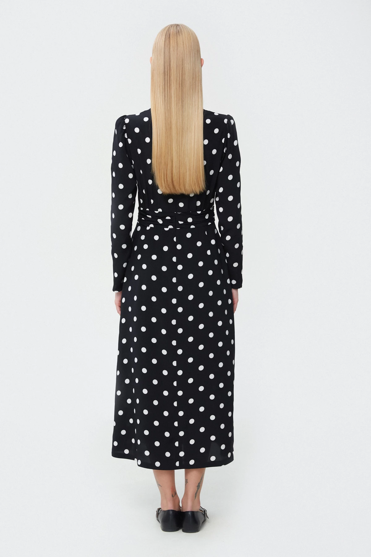 Black viscose midi dress with polka dot print, photo 6