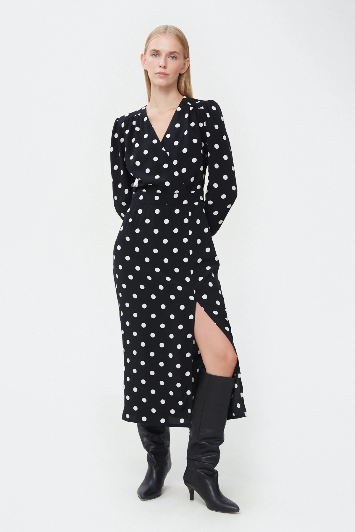 Black viscose midi dress with polka dot print, photo 1