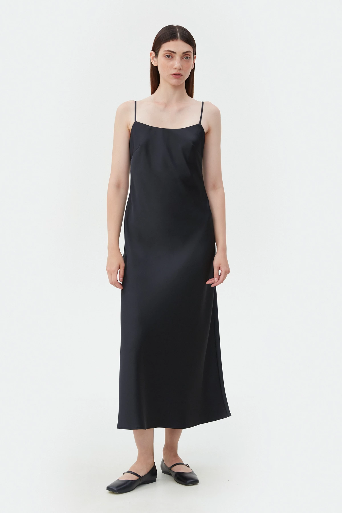Чорна сатинова сукня довге міді з відкритою спиною, фото 1