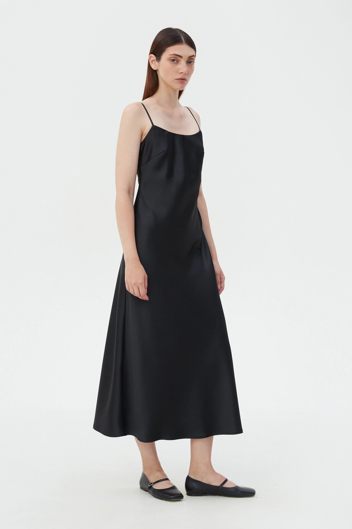 Чорна сатинова сукня довге міді з відкритою спиною, фото 2