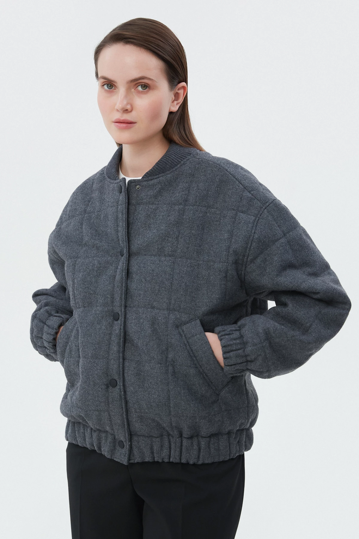 Dark gray coat fabric bomber jacket with wool, photo 5