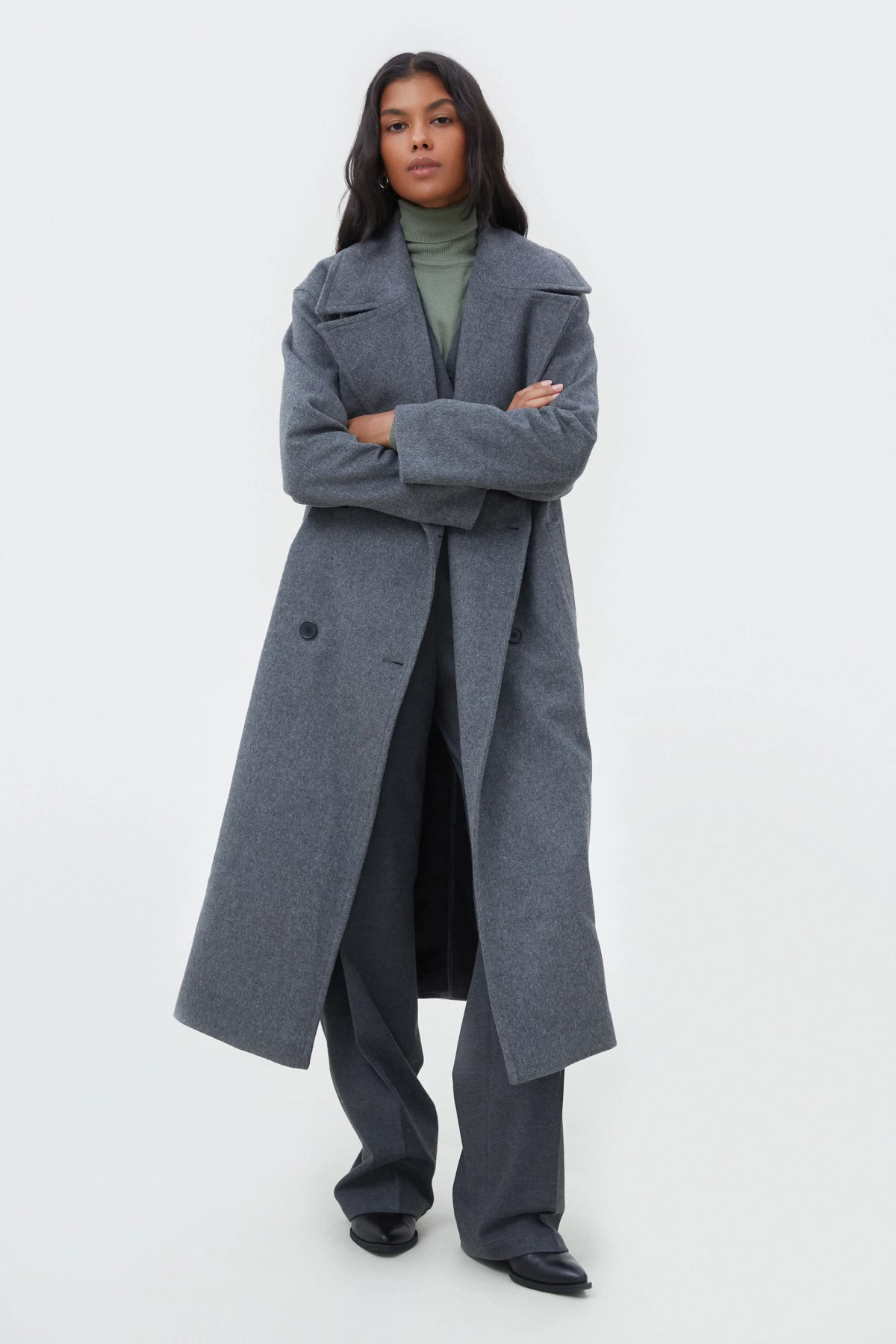 Straight gray double-breasted midi coat with wool, photo 1