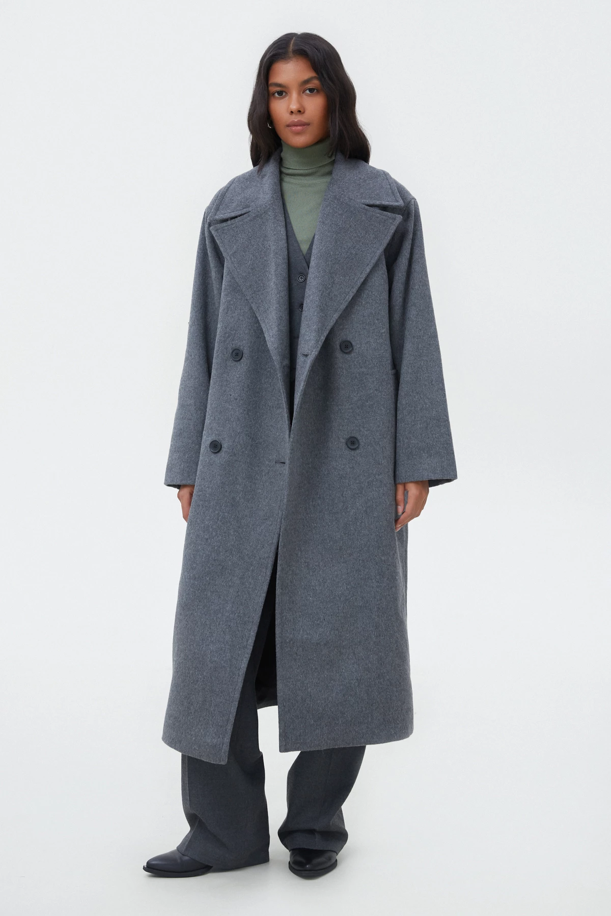 Straight gray double-breasted midi coat with wool, photo 2